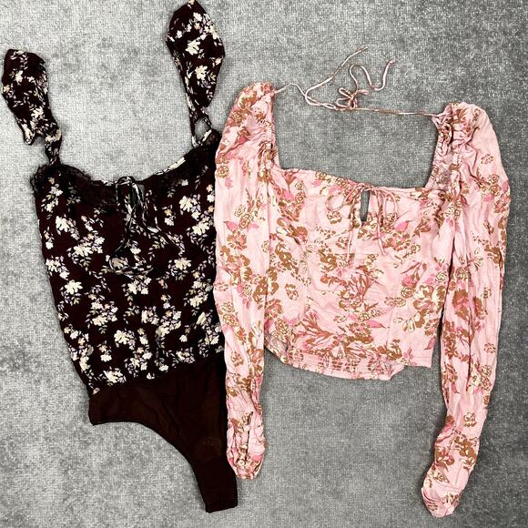 FREE PEOPLE Tops XS Lot of 2 Hilary Floral Open Back, Take It Away Lace Bodysuit - Picture 1 of 16
